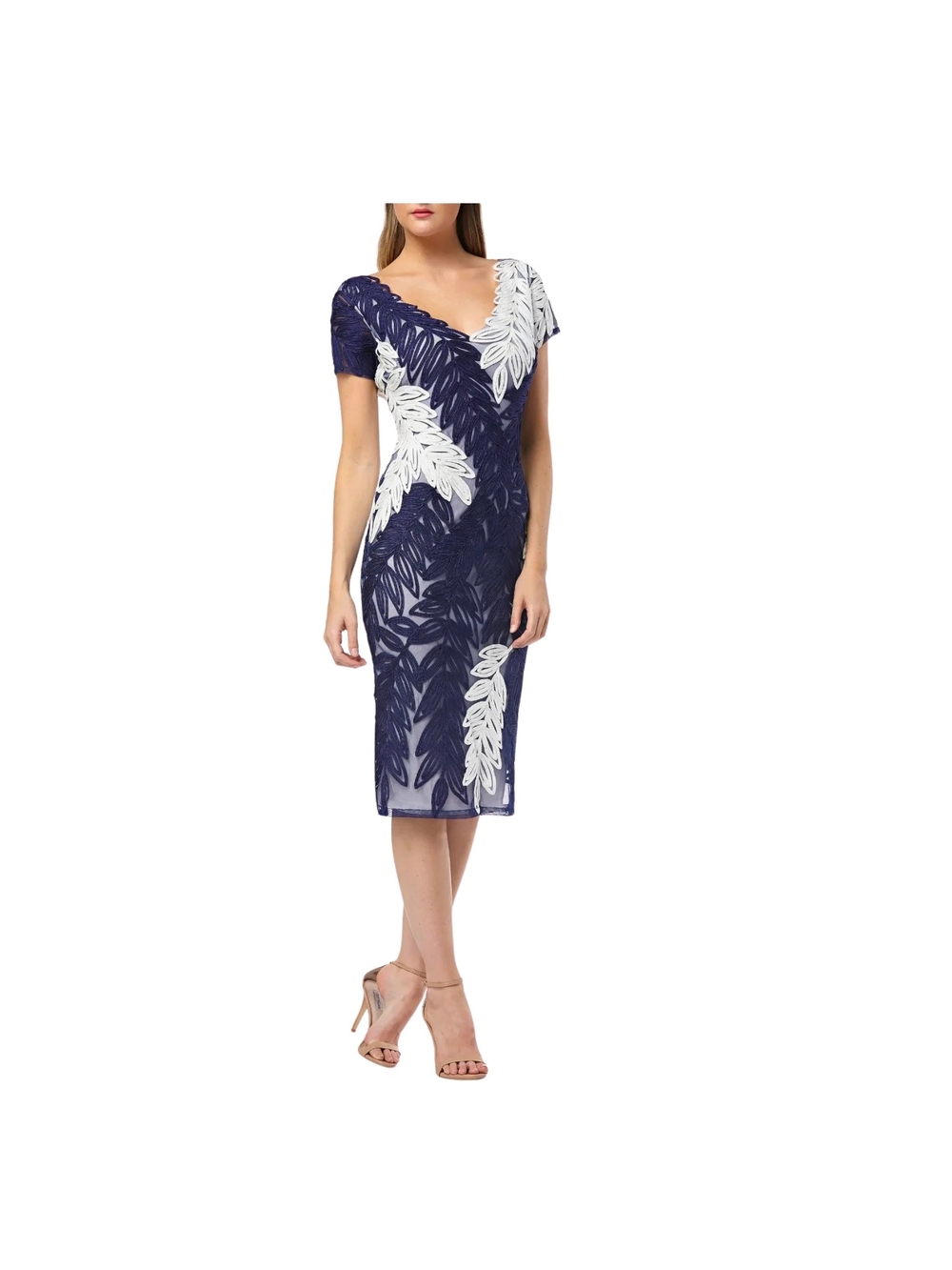 JS Collections Navy Ivory Applique Illusion Cocktail Sheath Dress Size 2